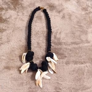 Vintage black braded cord necklace with shells and brass hook